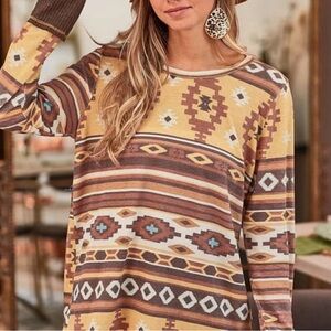 Bibi earth tones Aztec print long sleeve boutique boho fall women’s XL